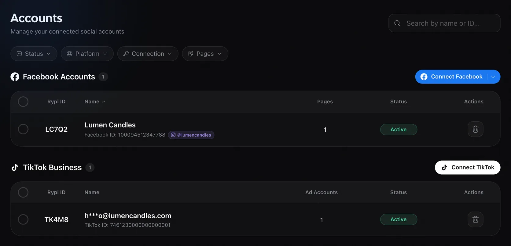 Rypl Accounts page with a Facebook and a TikTok account, both Active, each with a Delete button