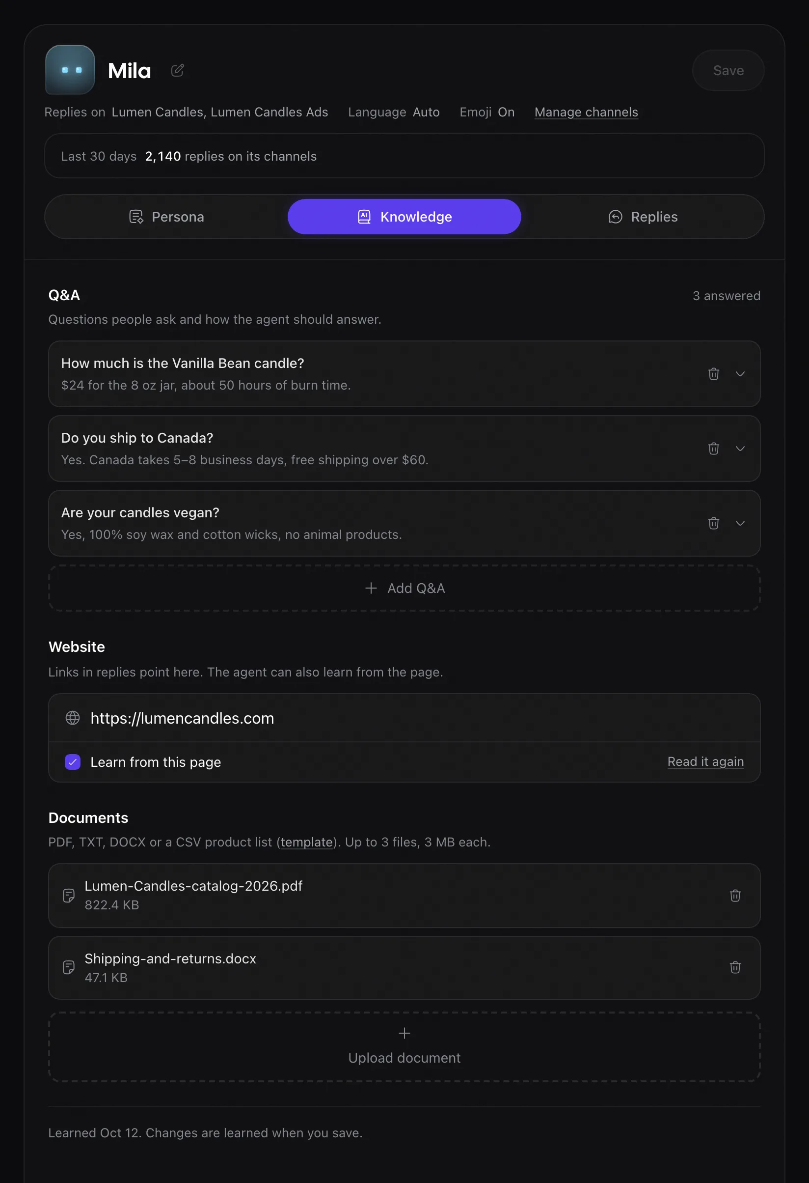 Rypl agent Knowledge tab with three Q&A answers, the website with Learn from this page, and two documents