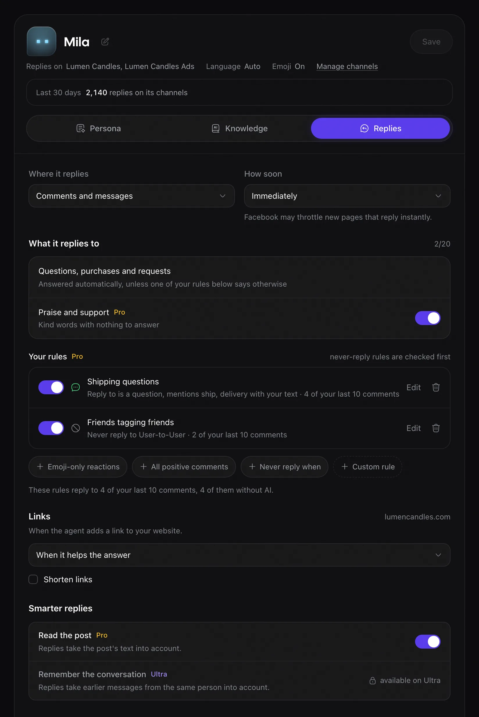 Rypl agent Replies tab: Where it replies, How soon, What it replies to, Links and Smarter replies