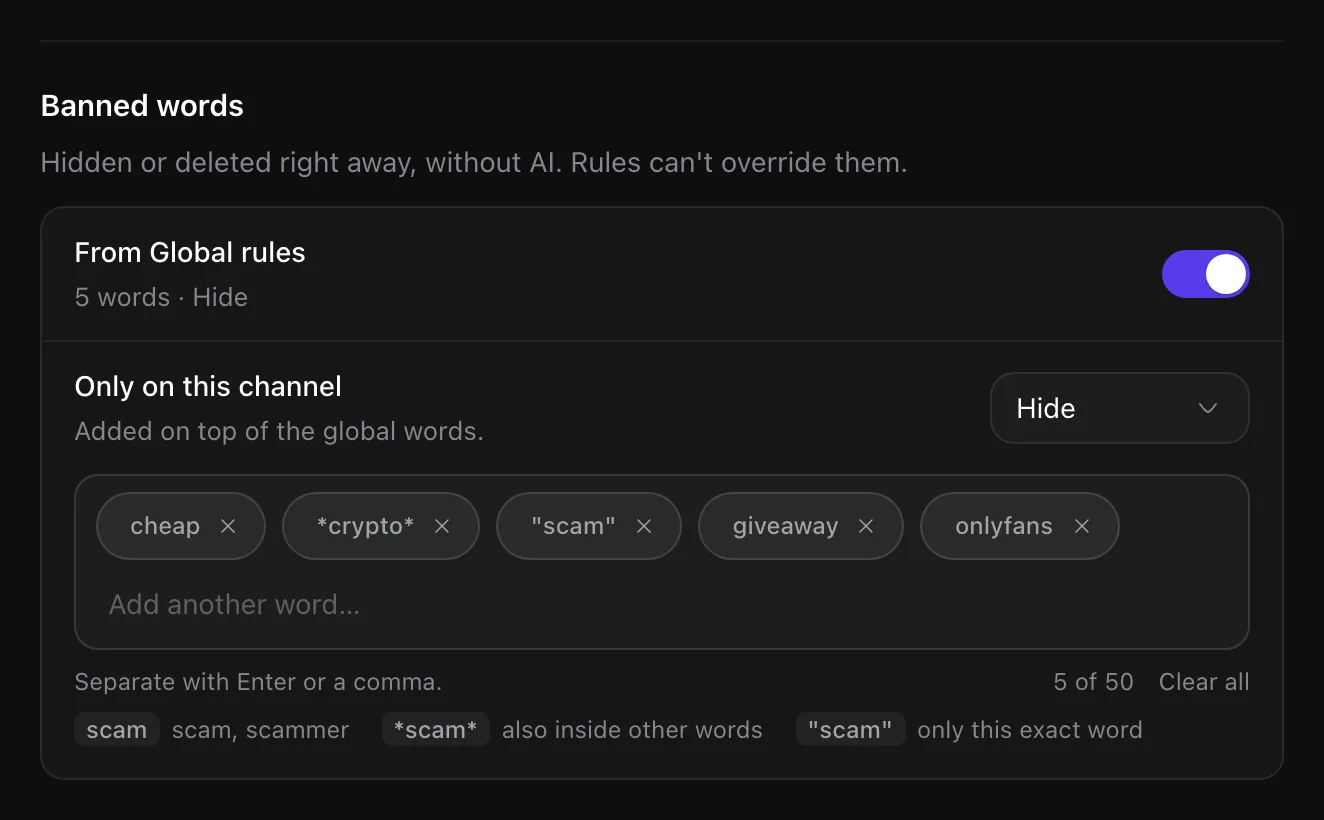 Rypl banned words for one channel, with global words switched on and five words in the three match styles