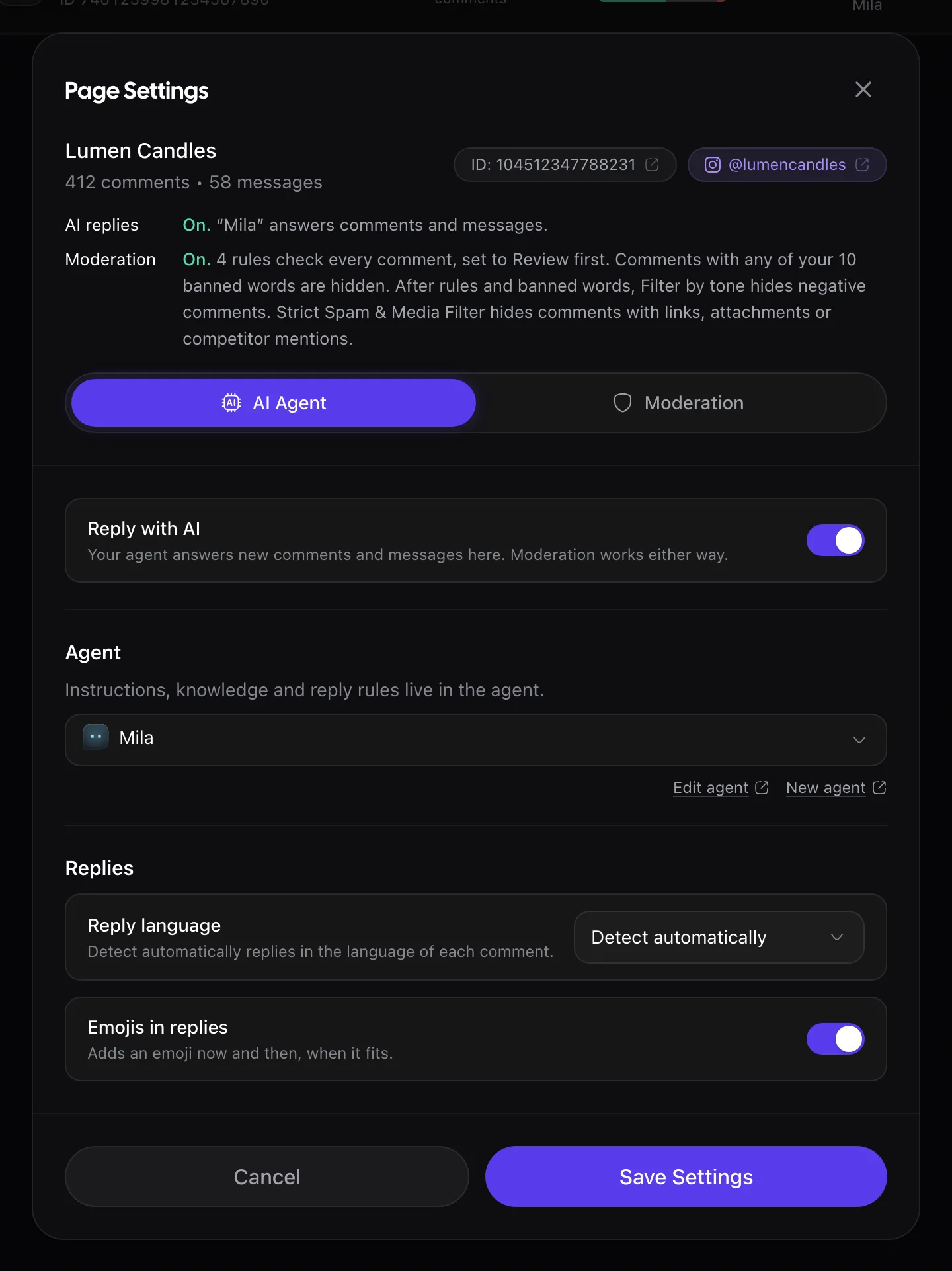 Rypl Page Settings, AI Agent tab: Reply with AI switched on, agent Mila, Reply language and Emojis in replies