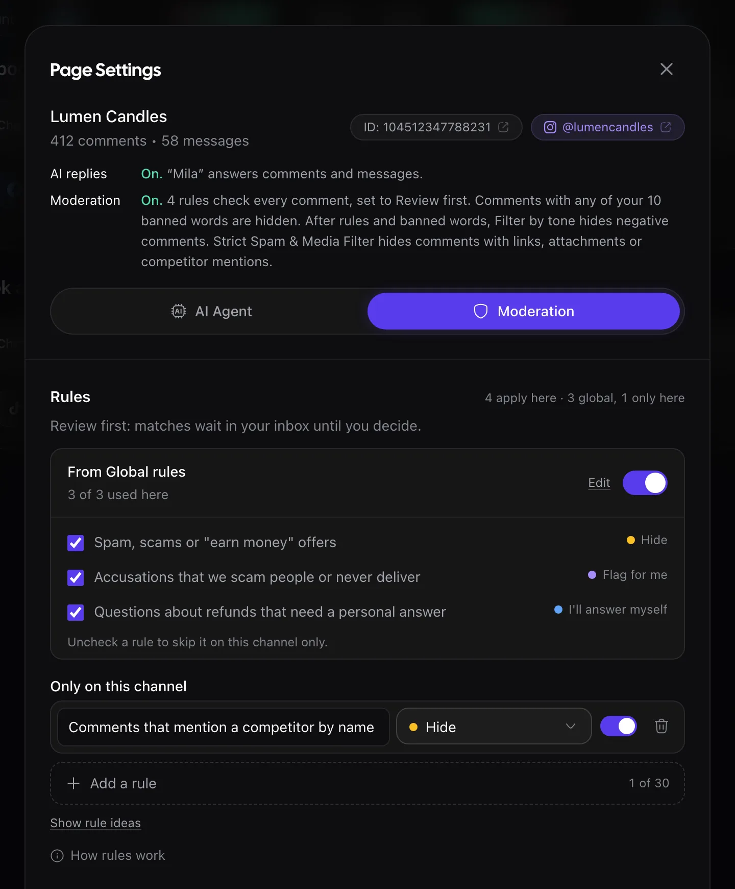 Rypl channel Moderation tab: rules from Global rules with checkboxes, and a rule only on this channel