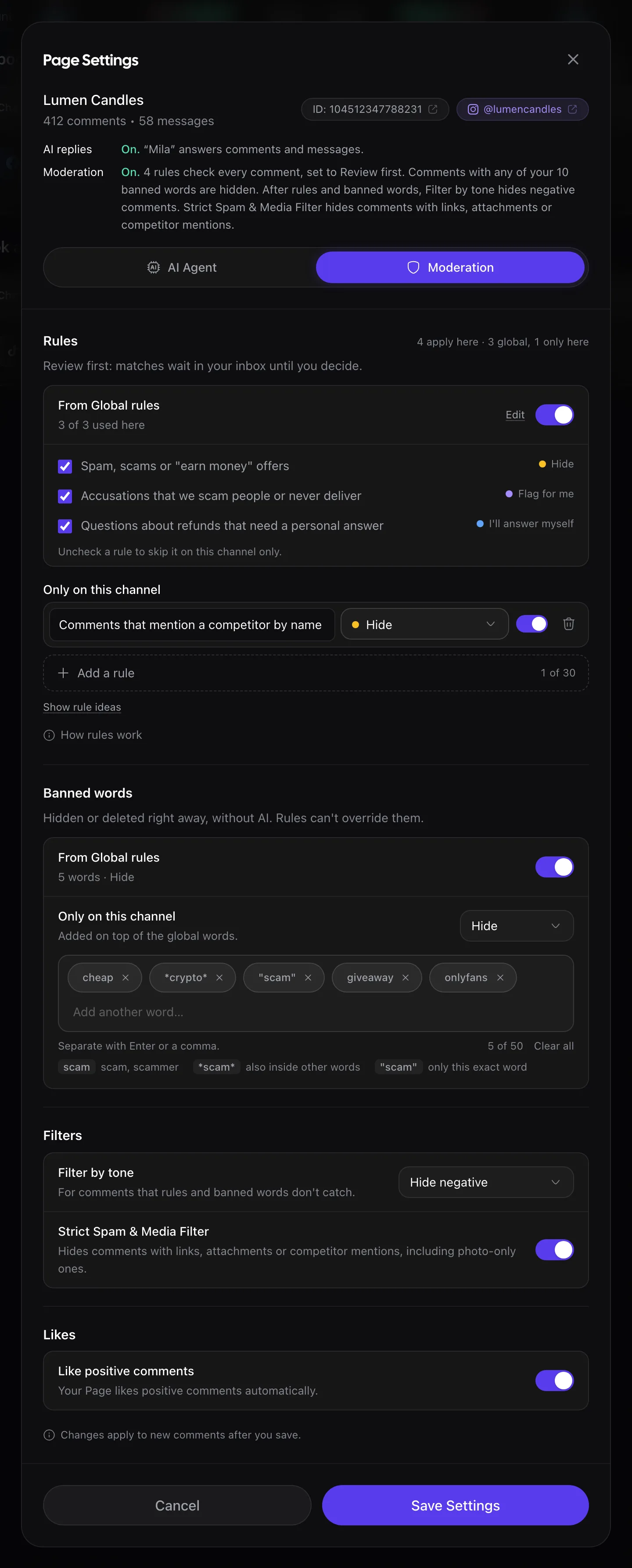 Moderation tab in Rypl Page Settings: rules from Global rules, banned words, Filter by tone, Strict Spam and Media Filter, Likes