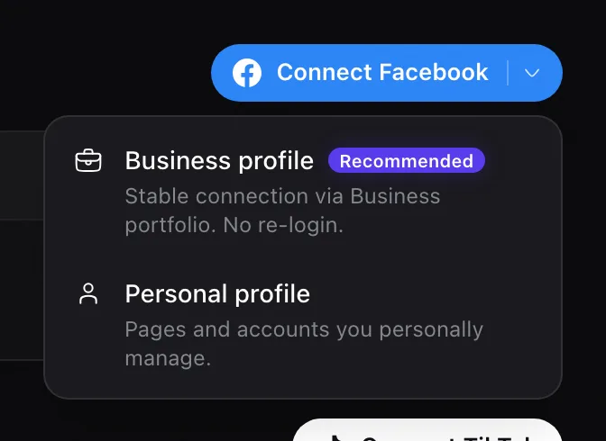 Rypl Connect Facebook menu with Business profile, marked Recommended, and Personal profile