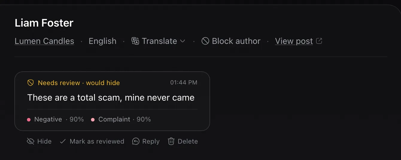A comment labelled Needs review, would hide, in Rypl Conversations, with Hide, Mark as reviewed, Reply and Delete