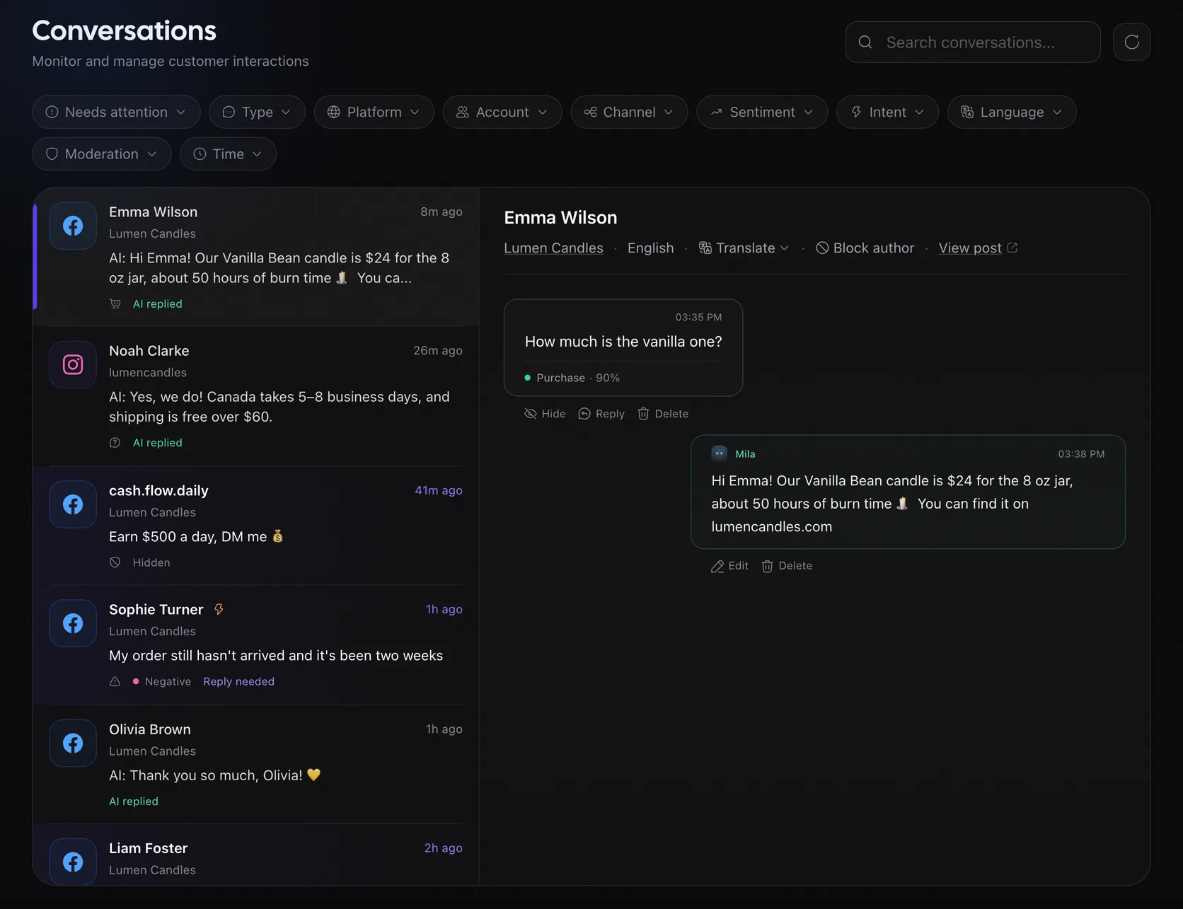 Rypl Conversations inbox with filters, a list of comments and an AI reply from agent Mila to a price question