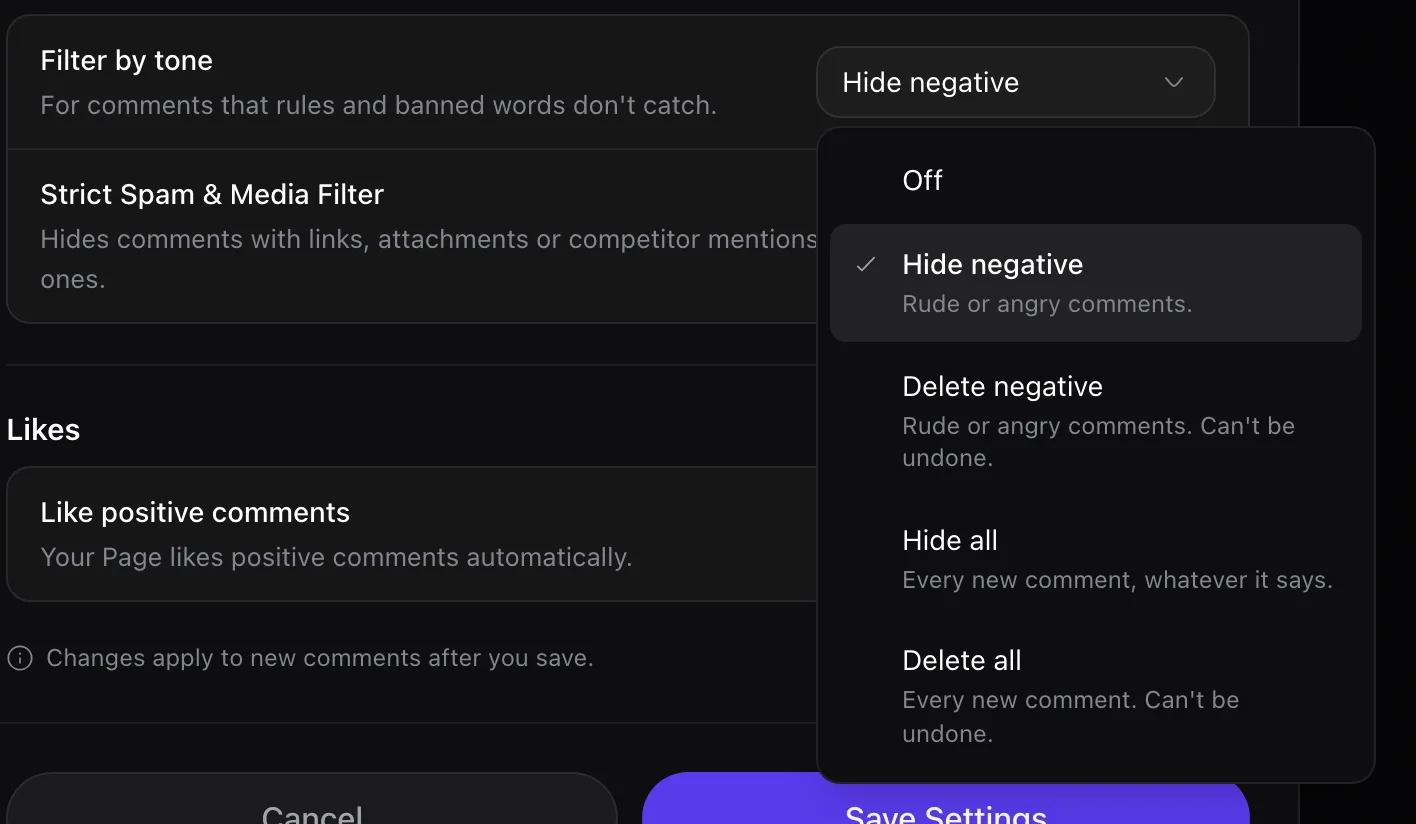 Rypl Filter by tone menu open: Off, Hide negative, Delete negative, Hide all, Delete all