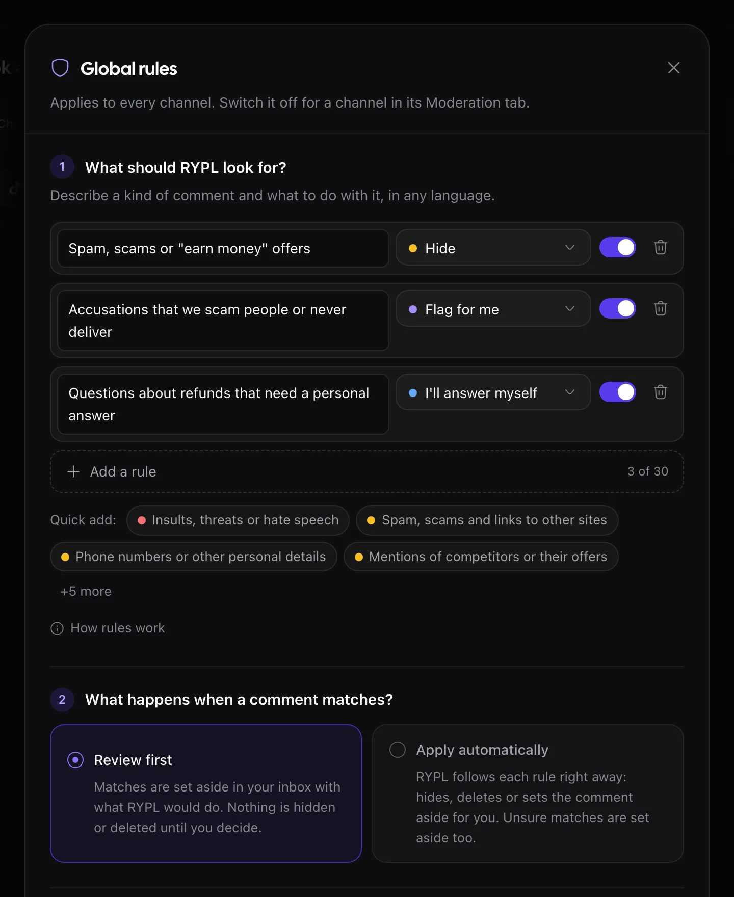 Rypl Global rules dialog: three rules with Hide, Flag for me and I'll answer myself, Quick add ideas, and Review first or Apply automatically