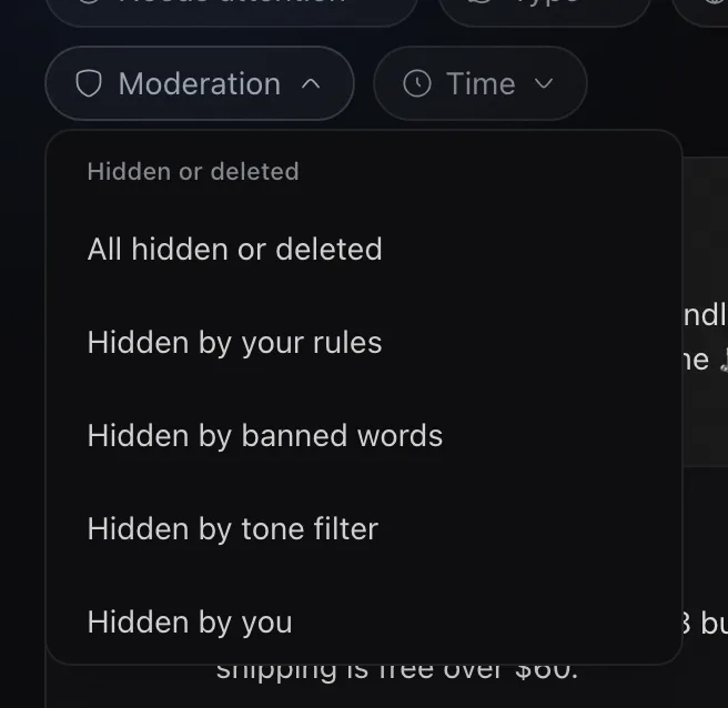 Rypl Conversations Moderation filter open: All hidden or deleted, Hidden by your rules, by banned words, by tone filter, by you