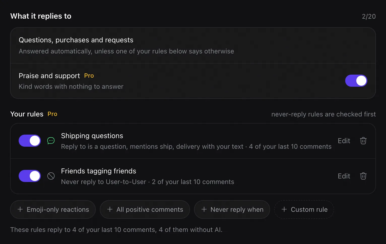 Rypl agent What it replies to: questions, purchases and requests answered automatically, Praise and support switch, and two reply rules