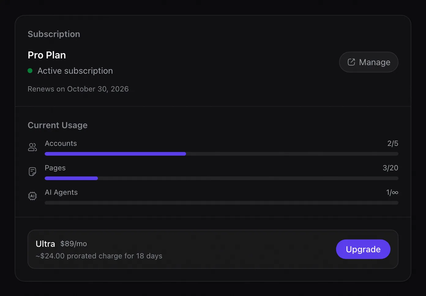 Rypl Settings Upgrade row: Ultra $89/mo with a prorated charge for the days left