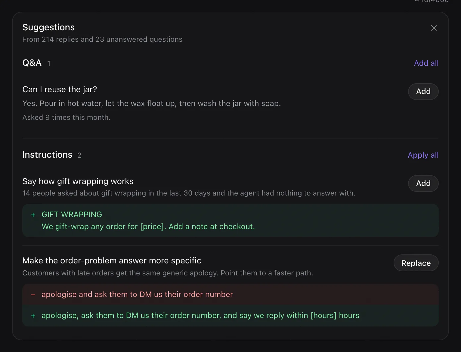 Rypl Suggestions card with a Q&A draft asked 9 times this month and two instruction changes with placeholders in brackets