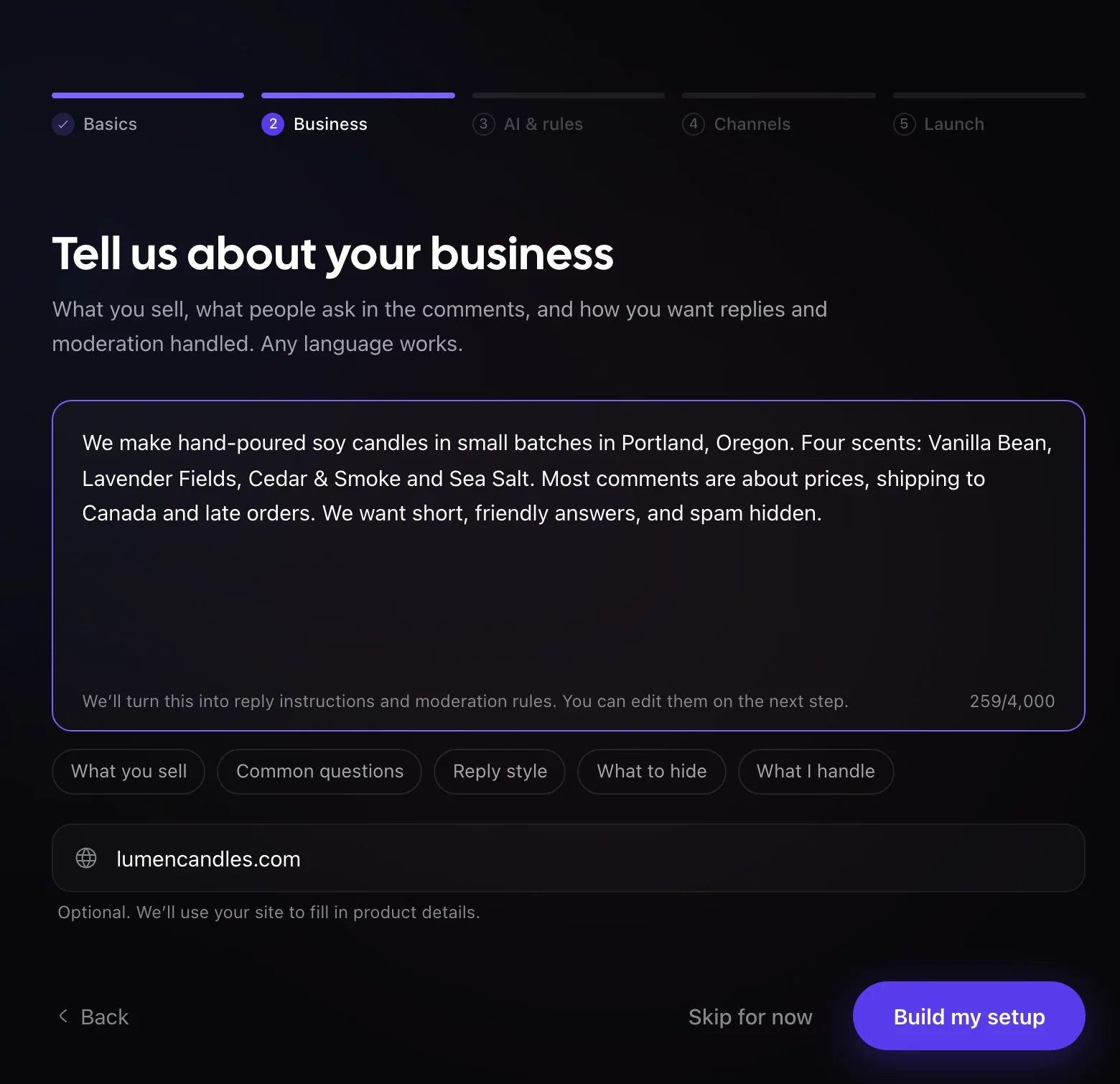 Rypl sign-up step Tell us about your business, with a short business brief and the website field