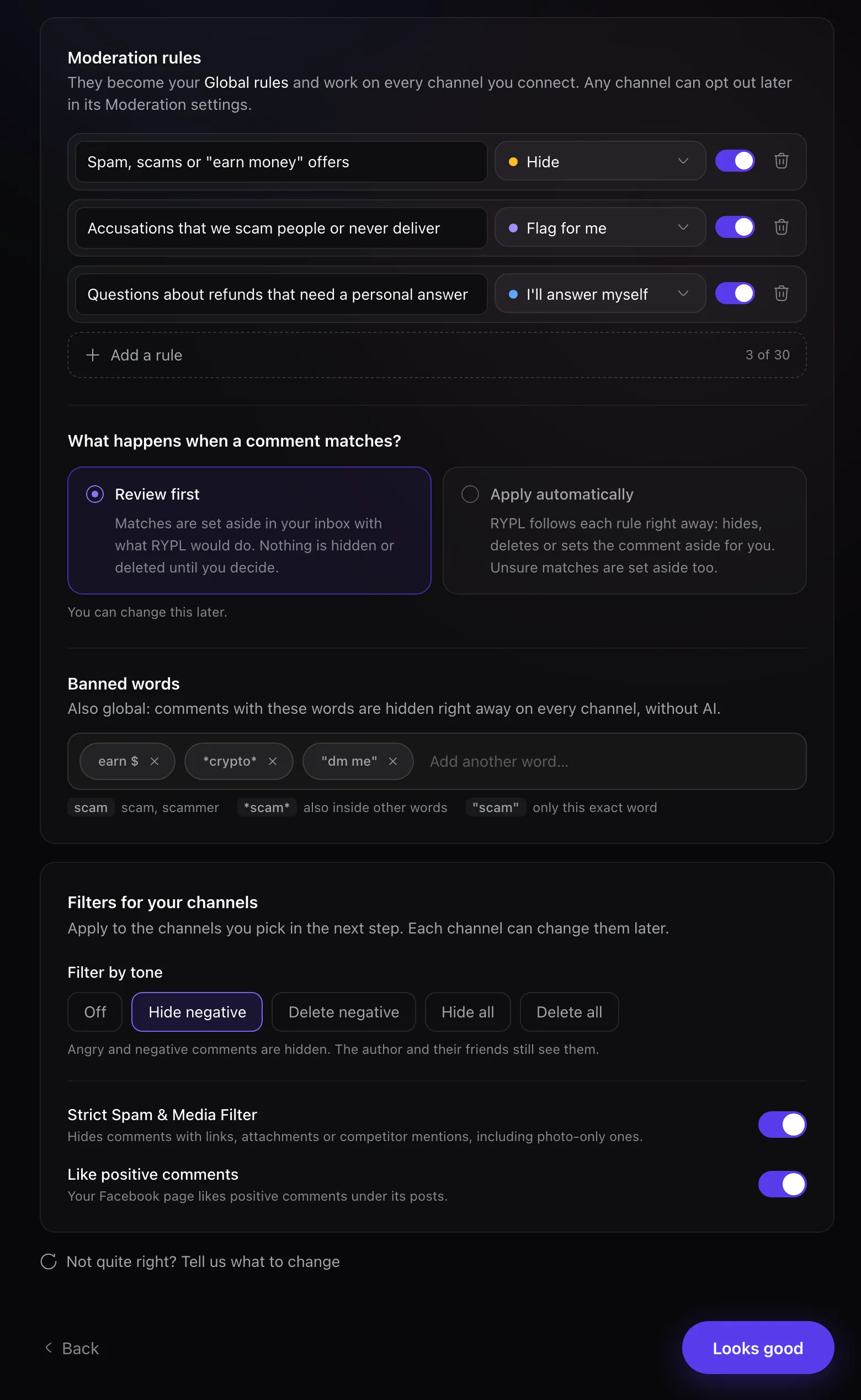 Drafted moderation rules, Review first mode, banned words and channel filters in Rypl's set-up